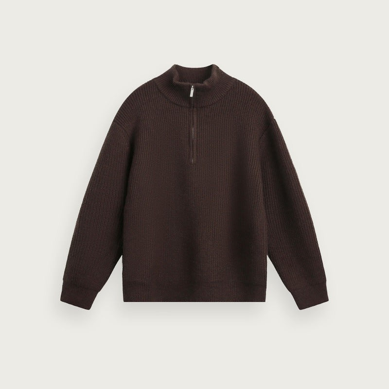 Enfärgad stickad tröja med halv dragkedja – Avslappnad passform