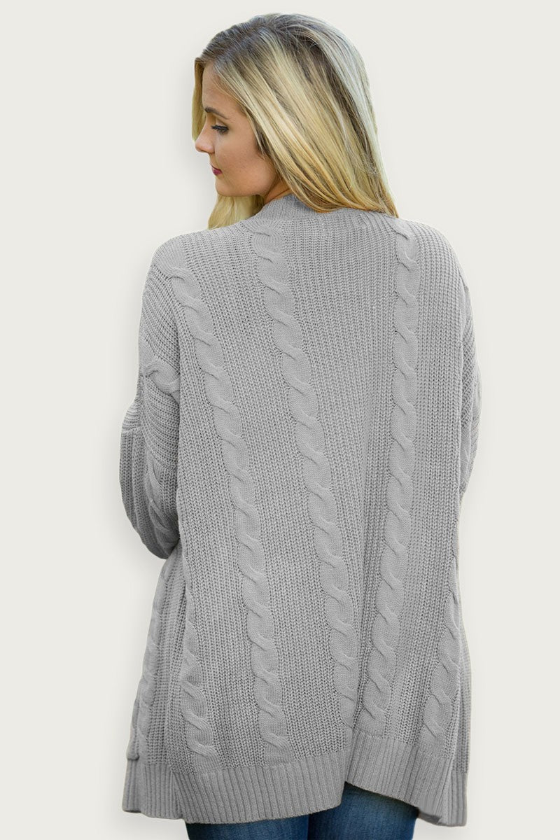 Stickad Lång Cardigan Grå Akryltyg Lätt Och Fickor