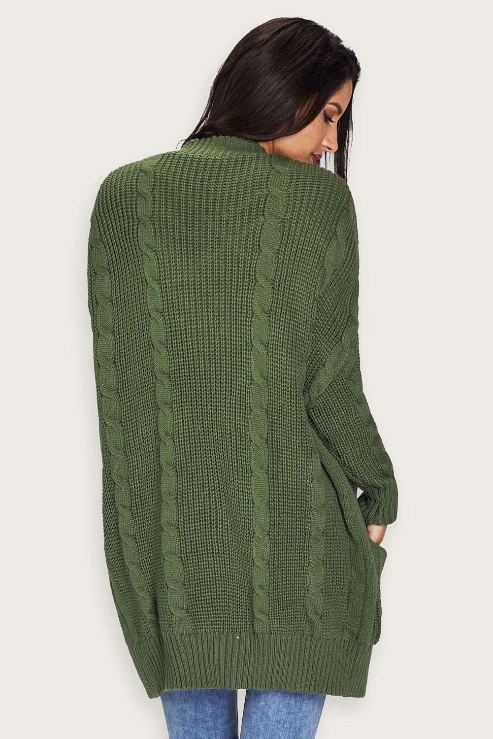 Stickad Lång Cardigan Grå Akryltyg Lätt Och Fickor