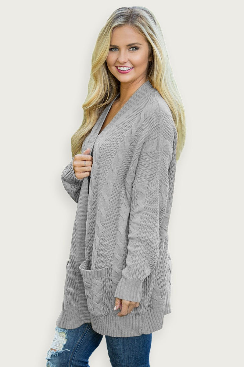Stickad Lång Cardigan Grå Akryltyg Lätt Och Fickor